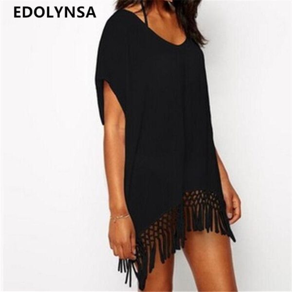Beach Cover Up White Chiffon Tassel Swimwear Ladies Walk On The Beach Sexy Beach Cover Up Praia Beach Wear Q10 - Image 2
