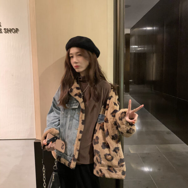 Loose slim cool and handsome leopard print imitation rabbit fur coat for winter - Image 3