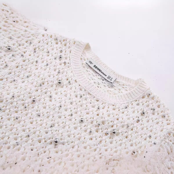 European and American style beaded round neck pullover short sleeved slim knit sweater - Image 2