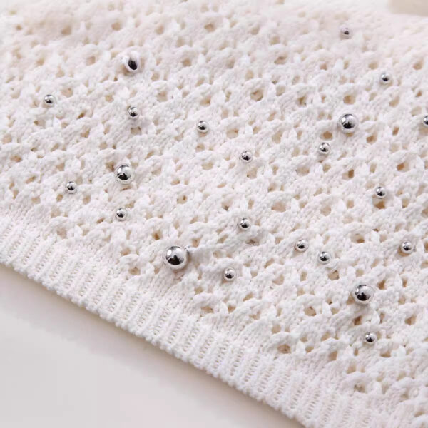 European and American style beaded round neck pullover short sleeved slim knit sweater - Image 3