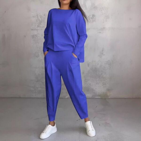 European and American solid color casual small footed round neck long sleeved set - Image 2