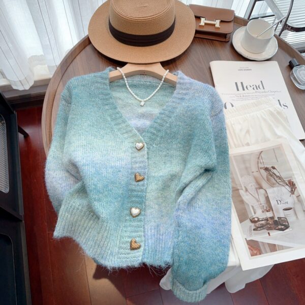 Tie dye gradient sweater jacket for women V-neck mohair knit cardigan for women - Image 3