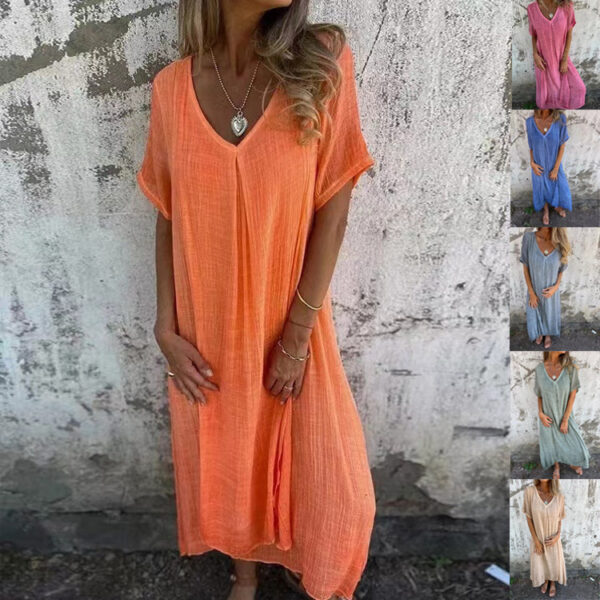 Casual spring and summer loose skirt short sleeved V-neck solid color cotton and linen dress