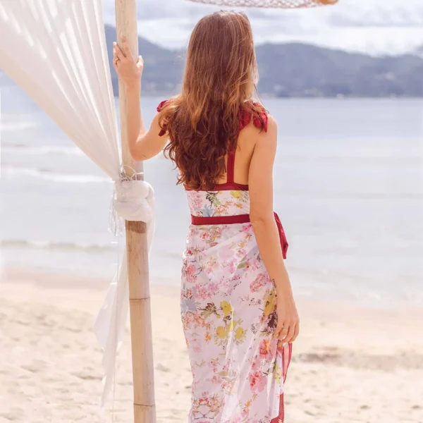 Simple One-Piece Women Swimsuit Vintage Print Deep V Bikini Kimono Fashion Cover-Up Swimwear Summer Beach Wear Chiffon Skirt - Image 4