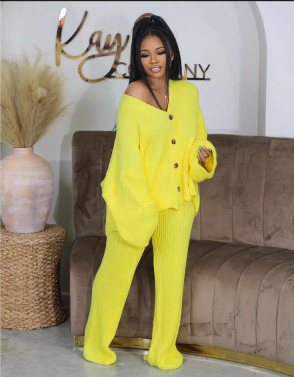 Solid color V-neck breasted cardigan wide leg pants sweater set - Image 9