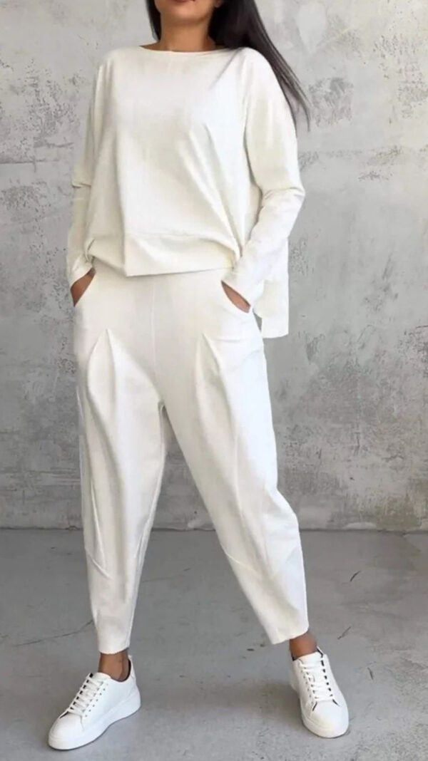 European and American solid color casual small footed round neck long sleeved set - Image 7