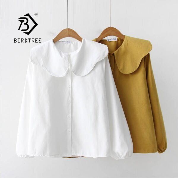 Solid Shirt Office Lady Wear Button Peter Pan Collar Long Sleeve Cotton Blouse Feminina