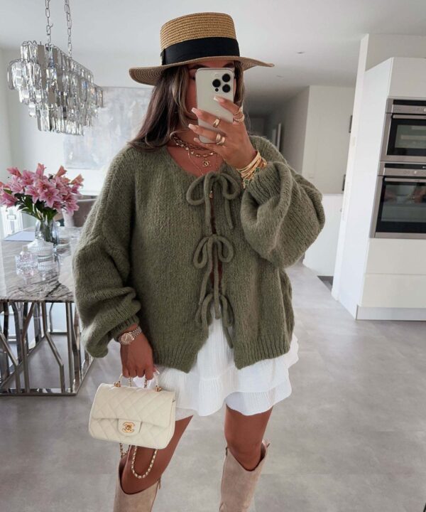 Round neck tie knitted cardigan jacket autumn and winter new style solid color commuting simple sweater for women - Image 15
