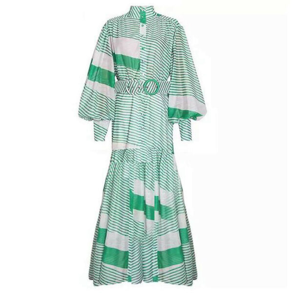 Stand Collar Lantern Long Sleeve Large Swing Floor Long Skirt Holiday Style Contrast Stripe Print Dress - Image 5