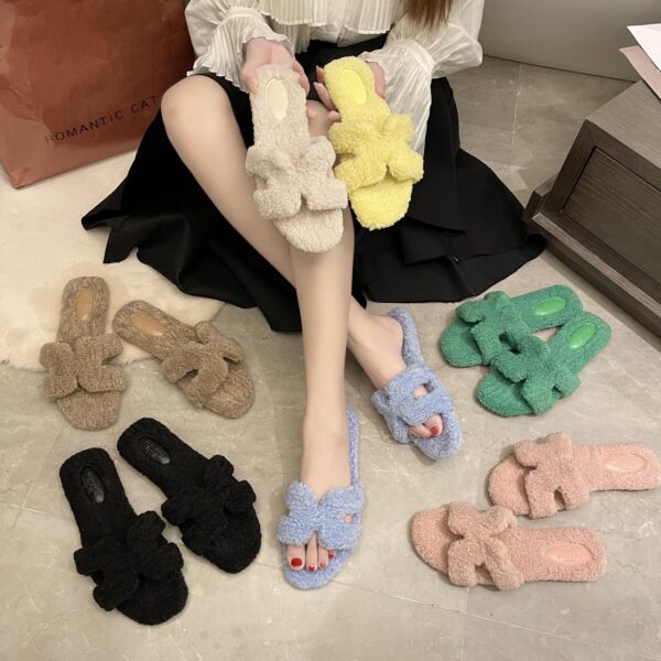 Wearing 7 colors lamb fur slippers for external wear women's H-shaped suede one line drag - Image 9