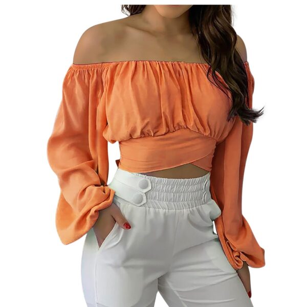 Spring/Summer European and American Women's Wear Women's Off Shoulder Cross Tie Long Sleeve Top - Image 8