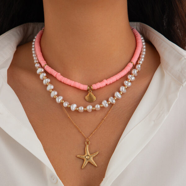 Beach style ocean shell bead necklace Baroque imitation pearl starfish collarbone chain - Image 7