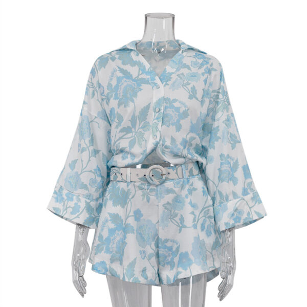 Printed Set Summer Women's Casual Loose Long Shirt High Waist Shorts with Belt Two Piece Set - Image 5