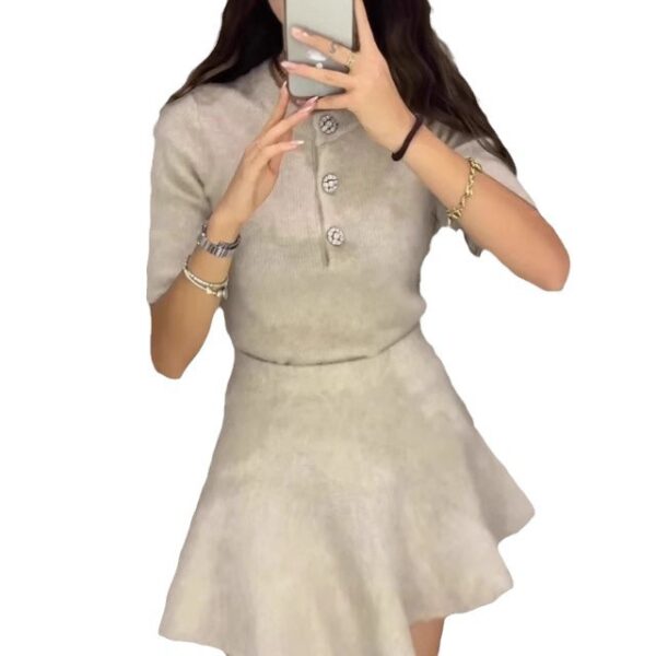 European and American temperament decoration button short sleeved sweater short skirt set private dress socialite - Image 5