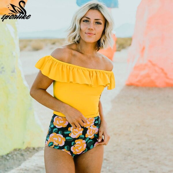 Sexy Tow Pieces Bodysuits Print Swimwear Women Swimsuit Shoulder Ruffle Bathing Suit Beach Wear Plus Size Tankini
