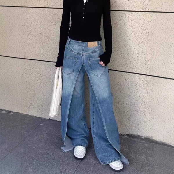 American retro reversible jeans with women's design sense elongated casual wide leg pants - Image 5