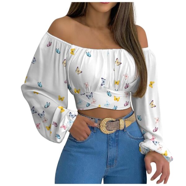 Spring/Summer European and American Women's Wear Women's Off Shoulder Cross Tie Long Sleeve Top - Image 5