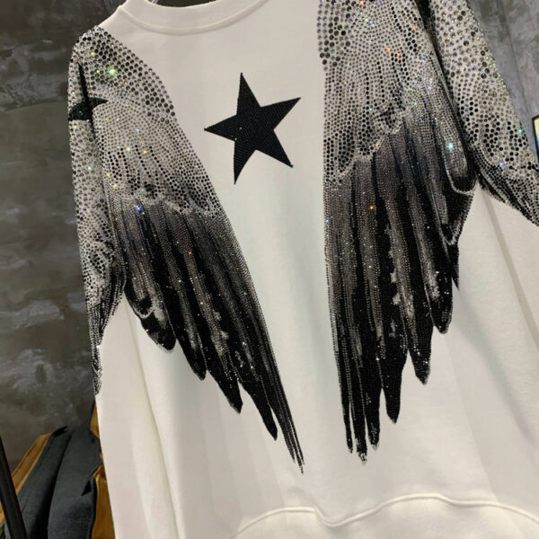 Autumn and winter luxury fashion hoodie for men and women, heavy-duty hot stamping, full diamond, large wings, wings, round neck pullover, couple style - Image 4