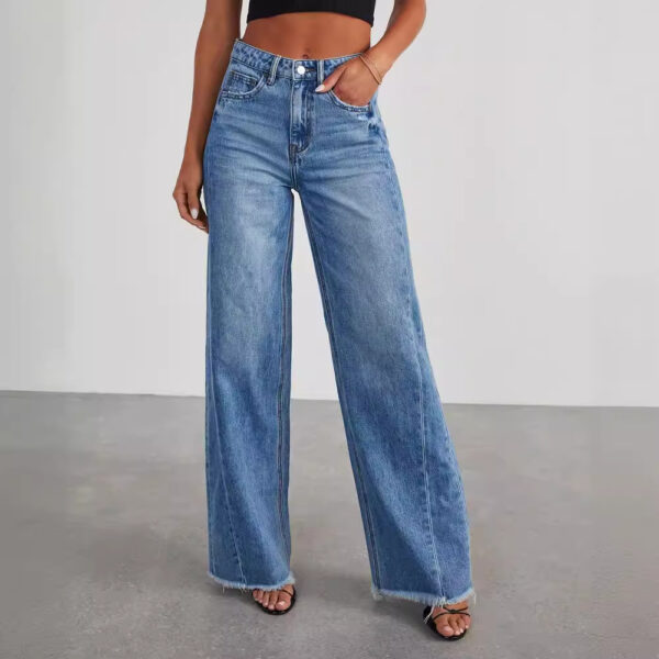 Loose wide leg side seam splicing, brushed hem denim jeans for women - Image 2
