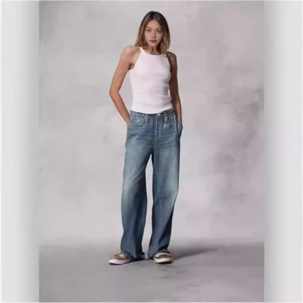 Retro mid rise women's jeans floor length washed loose wide leg straight leg pants - Image 4