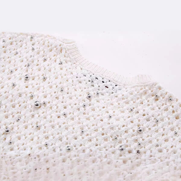 European and American style beaded round neck pullover short sleeved slim knit sweater - Image 4