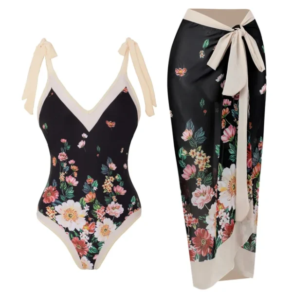 Simple One-Piece Women Swimsuit Vintage Print Deep V Bikini Kimono Fashion Cover-Up Swimwear Summer Beach Wear Chiffon Skirt - Image 7