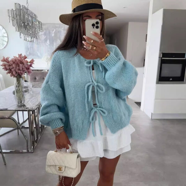 Round neck tie knitted cardigan jacket autumn and winter new style solid color commuting simple sweater for women - Image 4
