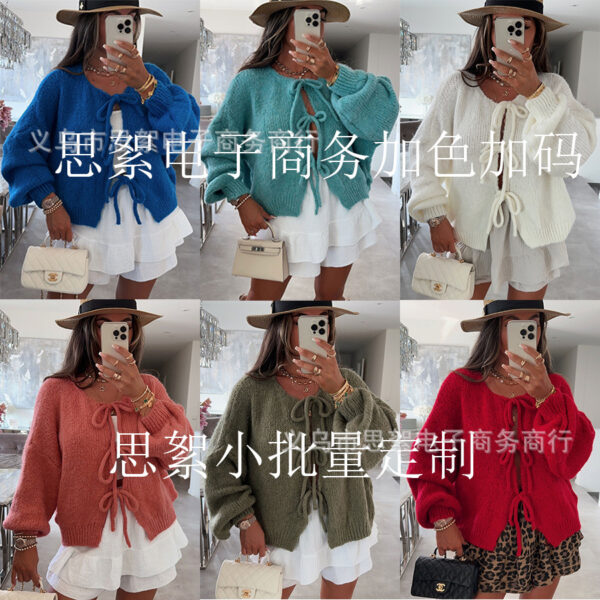 Round neck tie knitted cardigan jacket autumn and winter new style solid color commuting simple sweater for women - Image 16