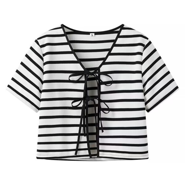 European and American summer new striped knitted short sleeved top and pants set - Image 2