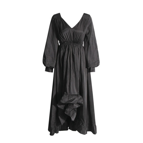 Fashionable and elegant style, deep V-neck lantern sleeves, pleated lotus leaf edge length dress for women - Image 7