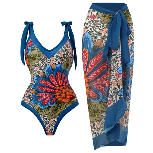 Simple One-Piece Women Swimsuit Vintage Print Deep V Bikini Kimono Fashion Cover-Up Swimwear Summer Beach Wear Chiffon Skirt - Image 11