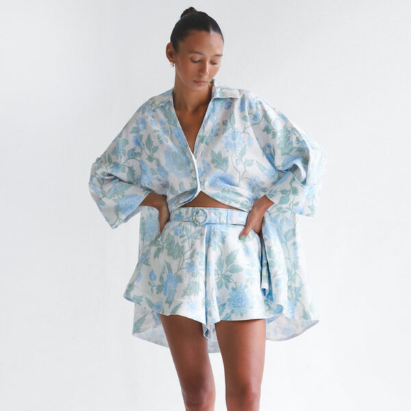Printed Set Summer Women's Casual Loose Long Shirt High Waist Shorts with Belt Two Piece Set - Image 3