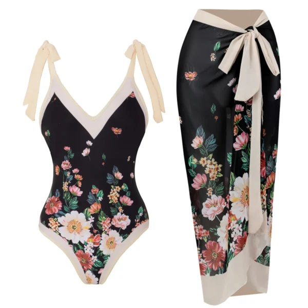 Simple One-Piece Women Swimsuit Vintage Print Deep V Bikini Kimono Fashion Cover-Up Swimwear Summer Beach Wear Chiffon Skirt