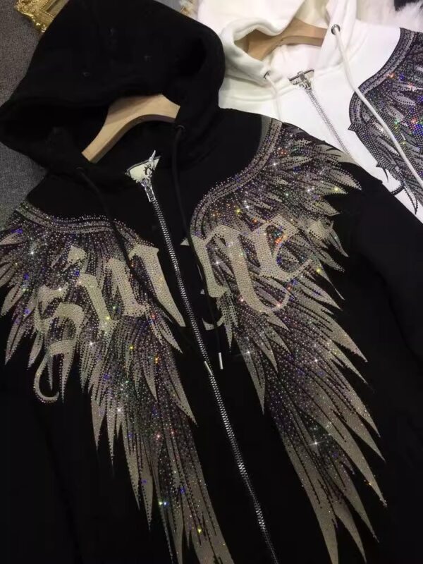 Heavy industry hot stamping light luxury front and rear wings hooded long sleeved and velvet jacket hoodie for women - Image 4