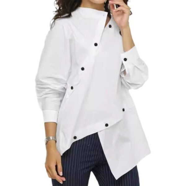 European and American women's fashion personalized button asymmetrical women's shirt long sleeved casual sloping collar top - Image 5