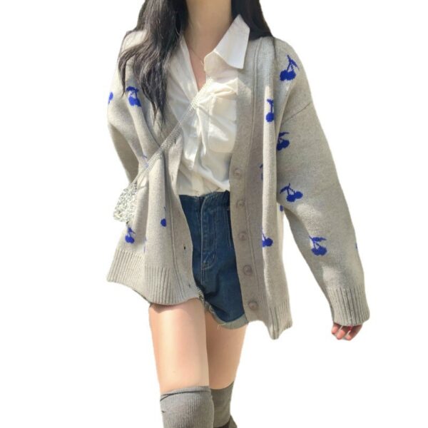 Lazy style knitted cardigan Korean version cherry V-neck loose and versatile long sleeved sweater jacket for women - Image 5
