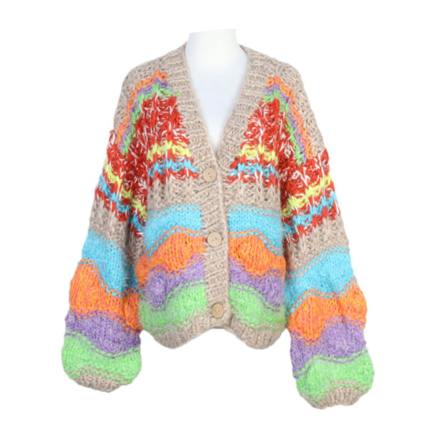 Autumn and winter sweater top, loose and lazy rainbow stripes, handmade thick rod needle V-neck knitted cardigan jacket for women, thick - Image 5