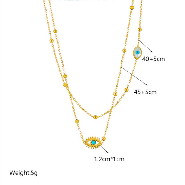 European and American niche fashion design double-layer mixed chain gold bead titanium steel drip oil hollow blue eye pendant necklace - Image 4