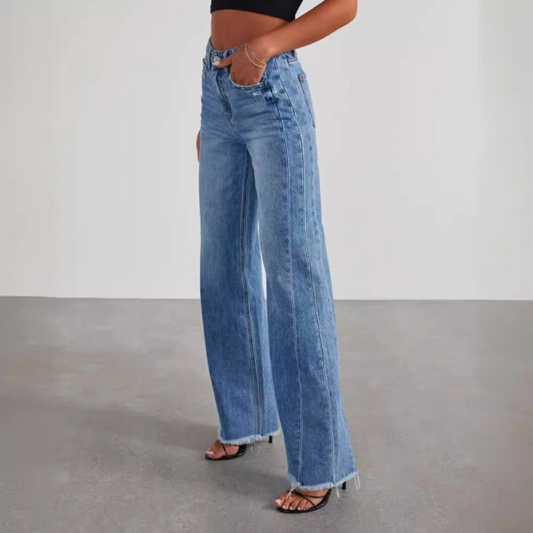 Loose wide leg side seam splicing, brushed hem denim jeans for women - Image 3