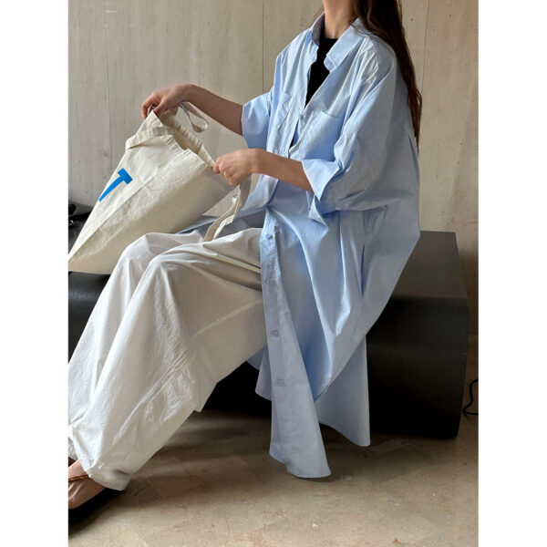 New Korean commuter oversized silhouette blue shirt casual slimming mid length top for women