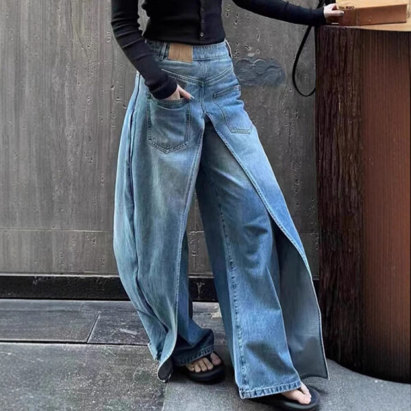 American retro reversible jeans with women's design sense elongated casual wide leg pants - Image 7
