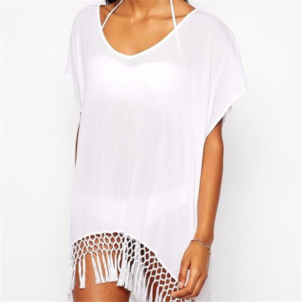 Beach Cover Up White Chiffon Tassel Swimwear Ladies Walk On The Beach Sexy Beach Cover Up Praia Beach Wear Q10 - Image 5