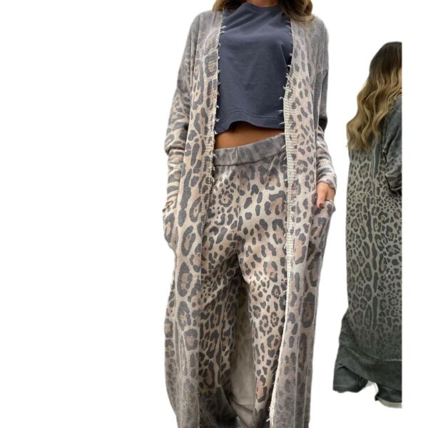 New leopard print long sleeved cardigan jacket, long pants set, two-piece set for women