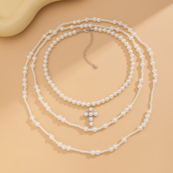Cold wind imitation pearl tassel multi-layer necklace geometric cross pendant collarbone chain - Image 4