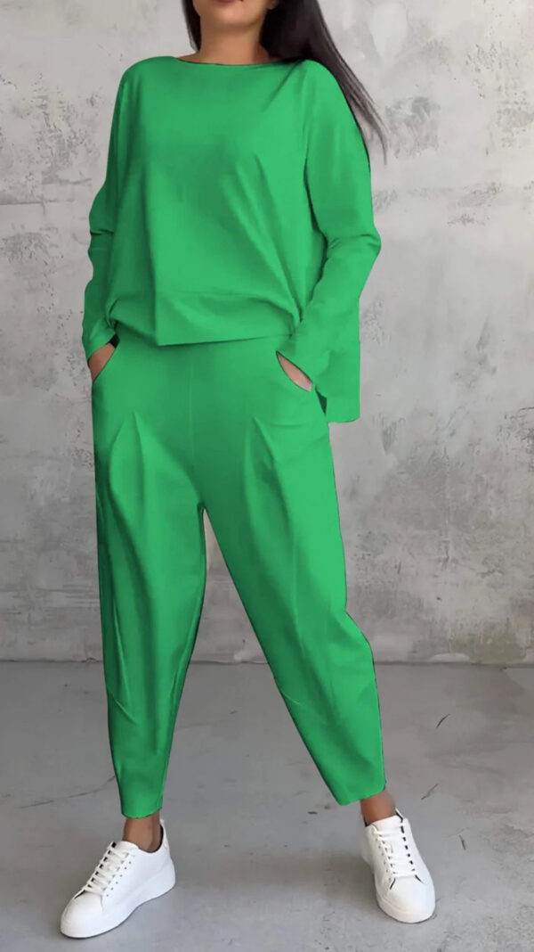 European and American solid color casual small footed round neck long sleeved set - Image 11