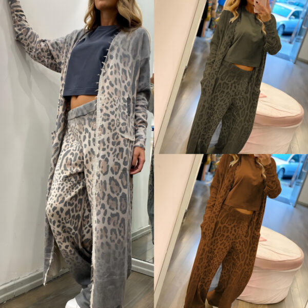 New leopard print long sleeved cardigan jacket, long pants set, two-piece set for women - Image 5