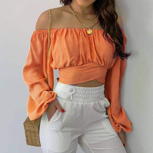 Spring/Summer European and American Women's Wear Women's Off Shoulder Cross Tie Long Sleeve Top - Image 4