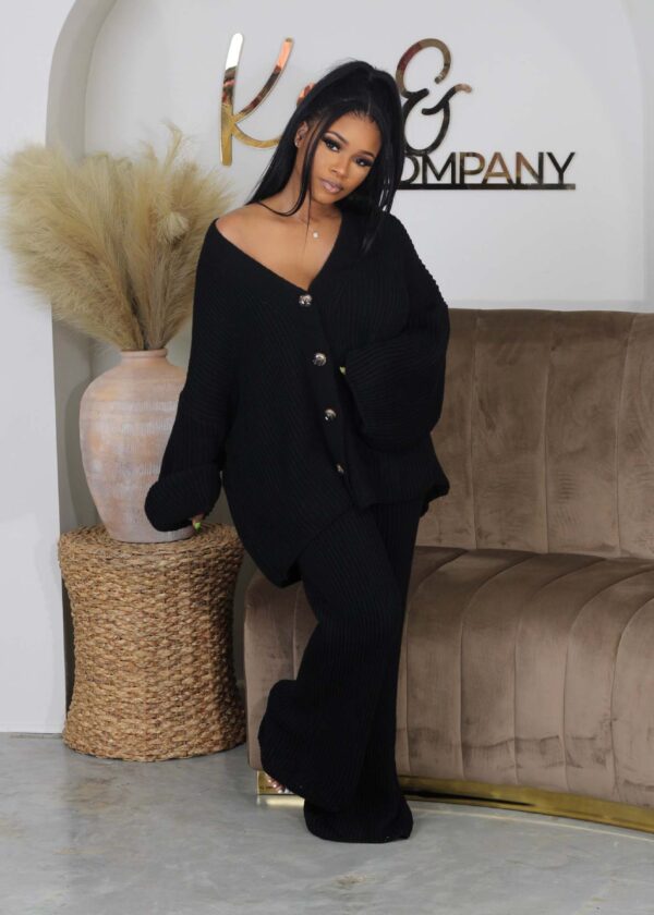 Solid color V-neck breasted cardigan wide leg pants sweater set - Image 6