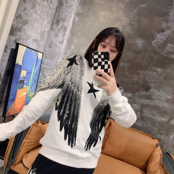 Autumn and winter luxury fashion hoodie for men and women, heavy-duty hot stamping, full diamond, large wings, wings, round neck pullover, couple style - Image 5