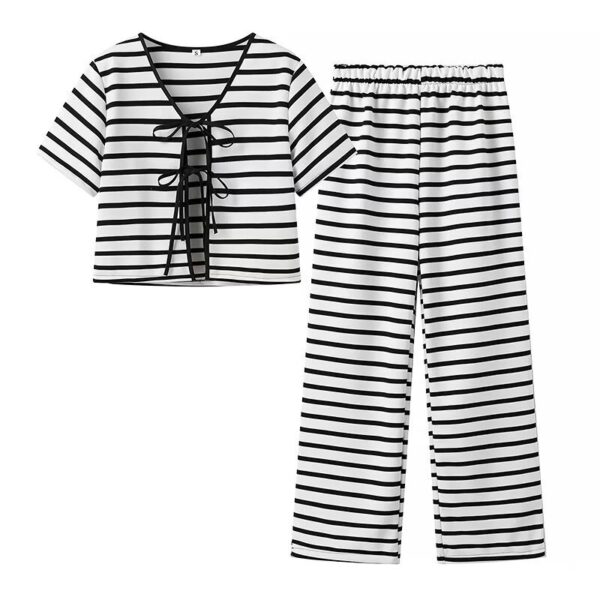 European and American summer new striped knitted short sleeved top and pants set - Image 6